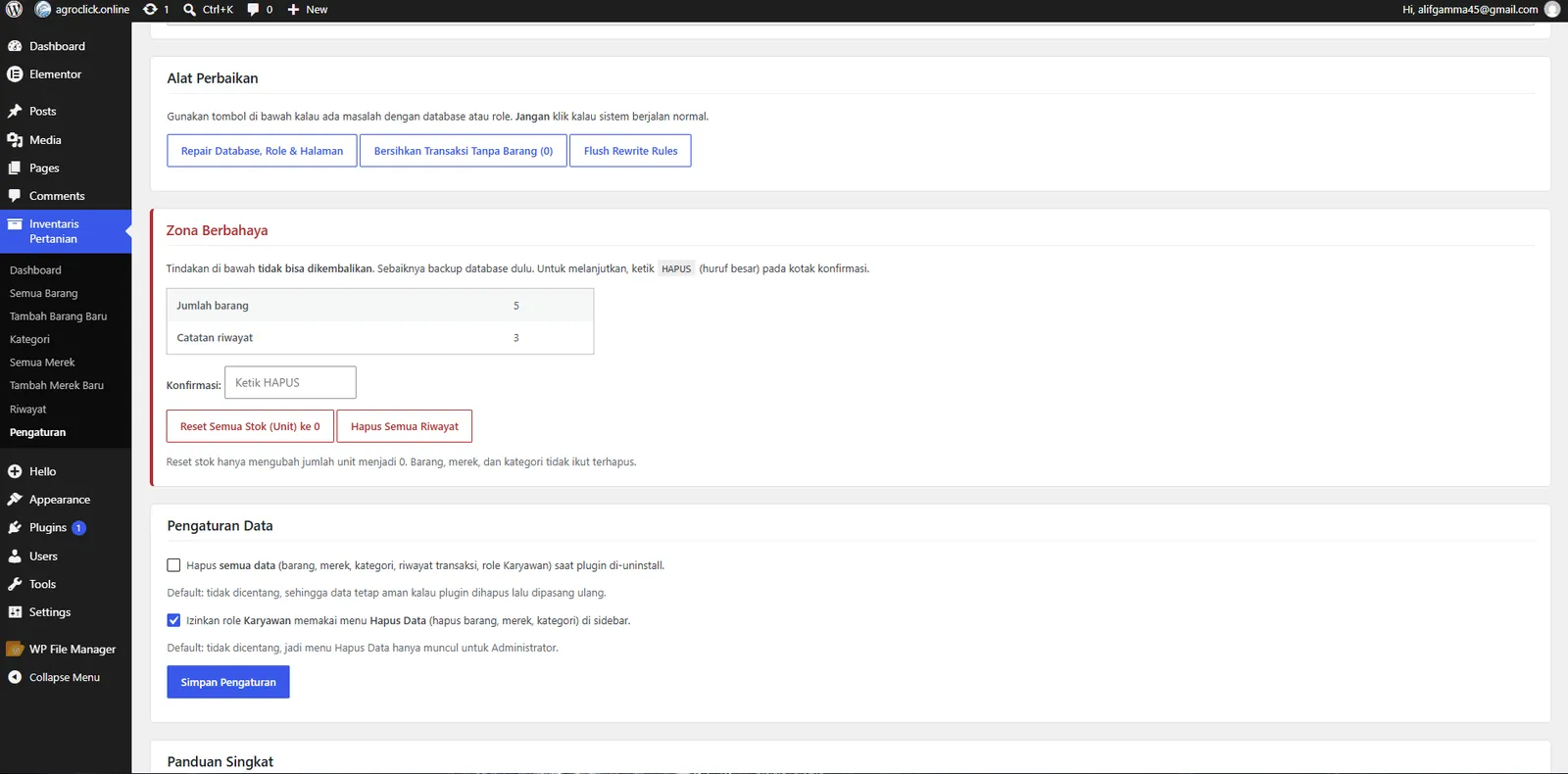 Repair tools, danger zone and data settings