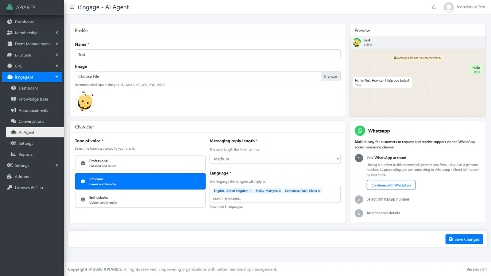 AI agent profile, character, languages, preview and WhatsApp linking panel