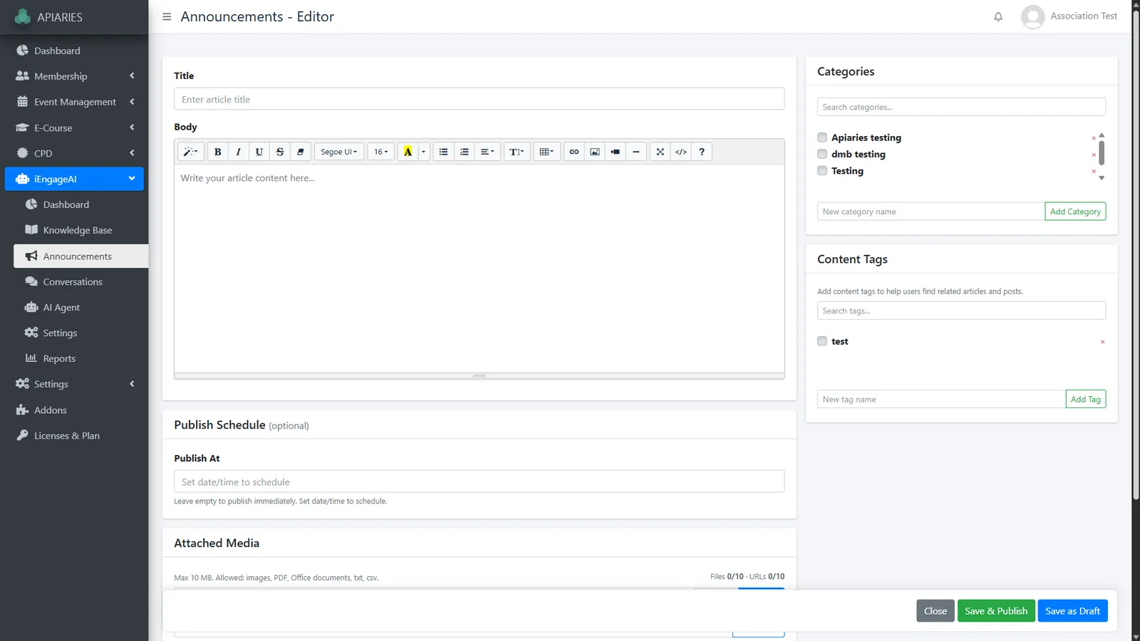 Announcement editor with publish schedule