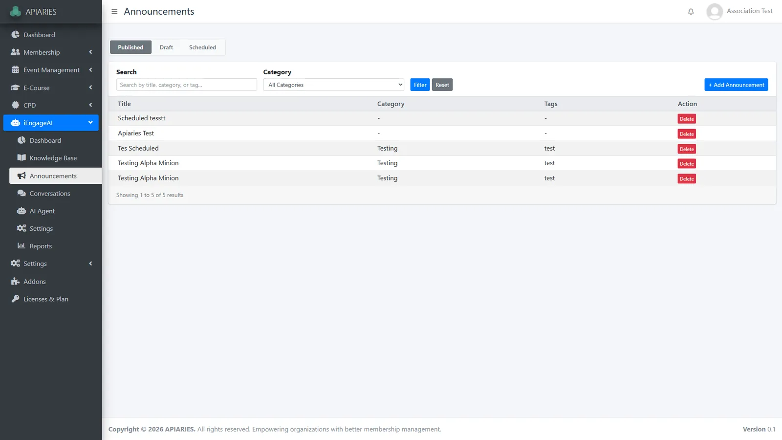 Announcements list with published, draft and scheduled tabs