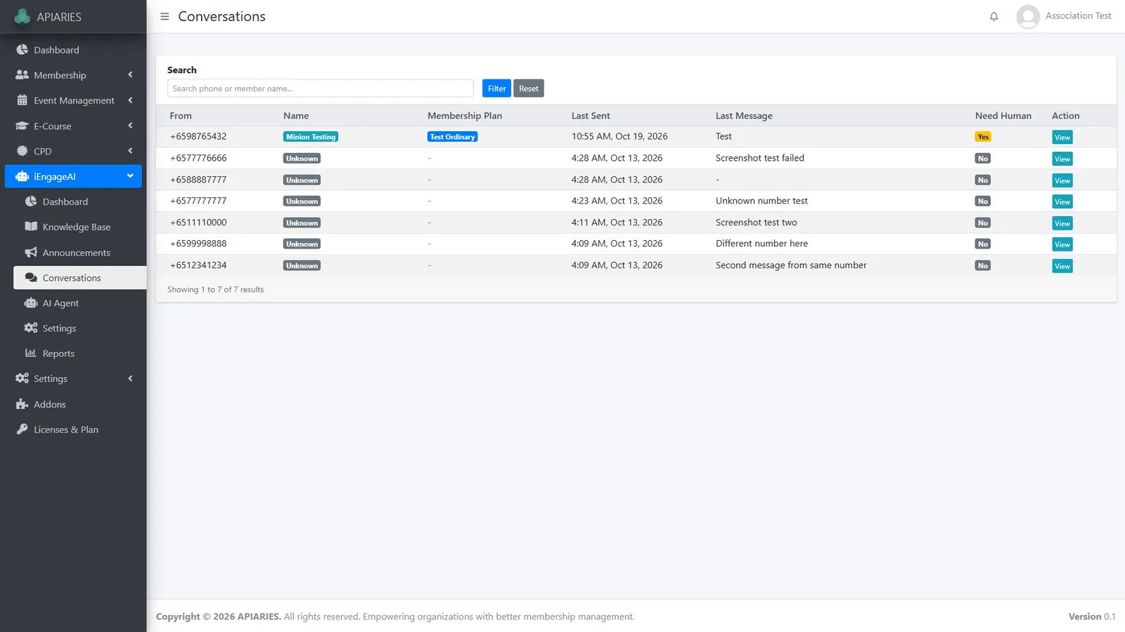 Conversation list with member name, membership plan and need human flag