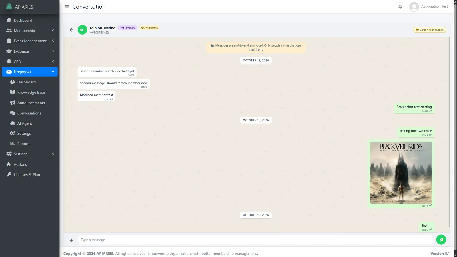 Conversation thread with inbound and outbound messages and an image attachment