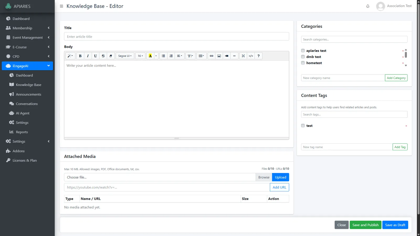 Knowledge base editor with categories, tags and attached media