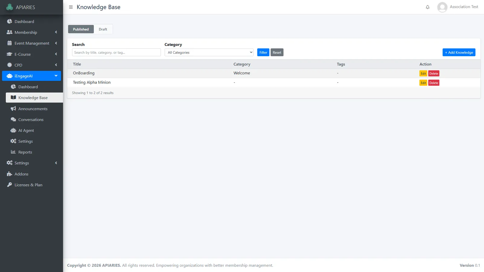 Knowledge base list with published and draft tabs, search and category filter