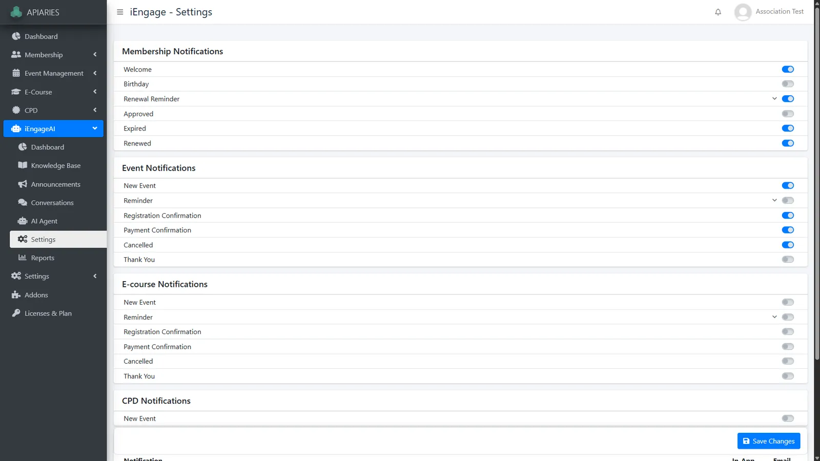Notification settings for membership, events, e-course and CPD