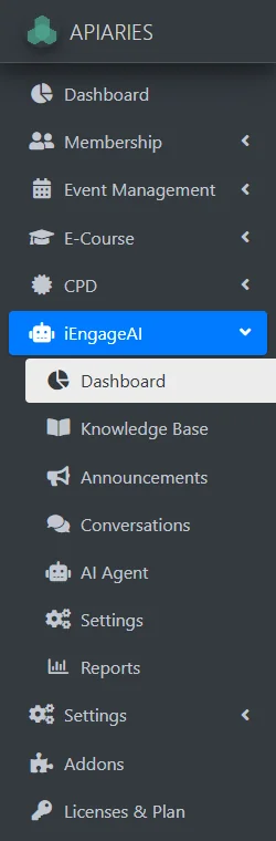 APIARIES sidebar with the iEngageAI menu open: Dashboard, Knowledge Base, Announcements, Conversations, AI Agent, Settings, Reports