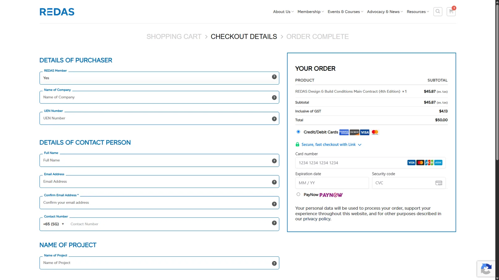 Checkout with member field, company, UEN, contact details, confirm email, phone with country code, project name and payment options